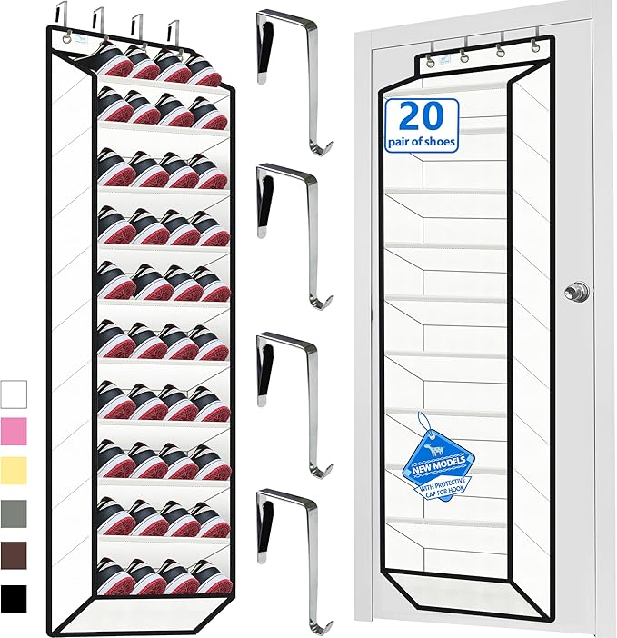 Over The Door Shoe Organizer, 70 Pounds Large Capacity, white shoe rack，20-30-Pair shoe organizer, Heavy Duty-Extra Deep Pockets ,Anti-Scratch Hooks & FSC-Certified Bamboo ,for Men’s Size 13 shoe