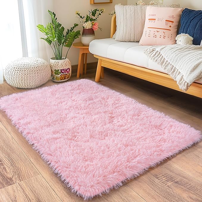 Small Area Rug, 2x3 Pink Rug for Bedroom Shaggy Throw Rugs for Girls Room, Soft Carpet for Kids Room, Plush Non-Slip Fluffy Bedside Rug for Living Room Nursery Dorm Home Decor