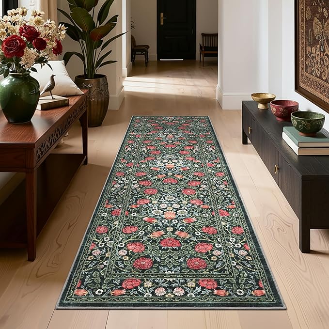 GarveeHome Green Vintage Floral 2x6 Runner Rug Washable Kitchen Rugs Non Slip Boho Long Rug for Hallways Bedroom Entryway Bathroom Mat with Rubber Back