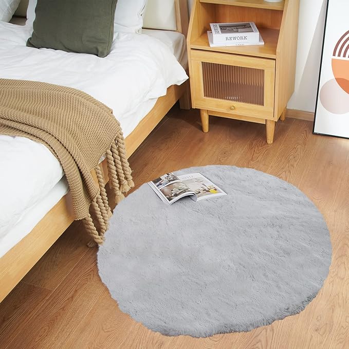 Ghouse Faux Rabbit Fur Round Rug 3ft Grey Round Rugs for Bedroom Decor Fluffy Area Rugs for Living Room, no-Shedding Carpet Sheepskin Washable Rug Rome Decor