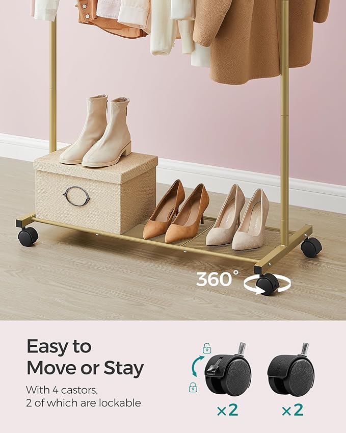 SONGMICS Clothes Rack with Wheels, Clothing Rack for Hanging Clothes, 25.4 mm Metal Garment Rack with Dense Mesh Storage Shelf, 110 lb Load Capacity, 2 Brakes, Gold UHSR025A01