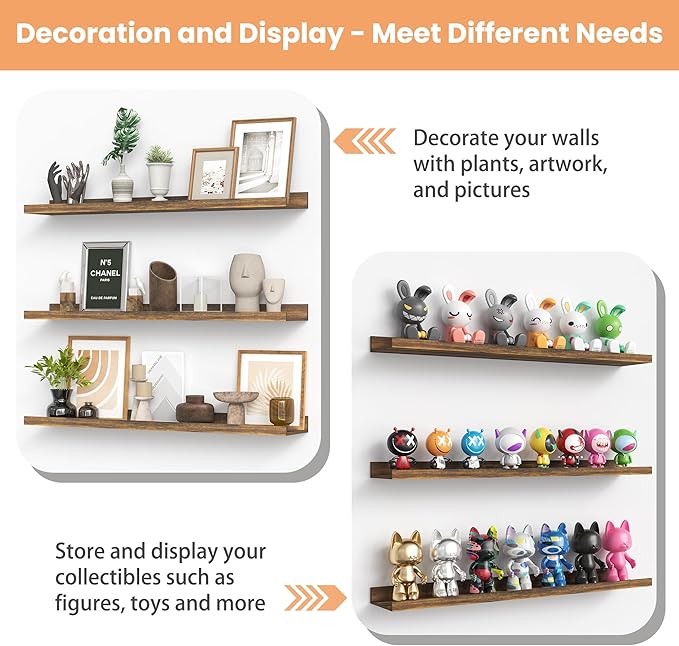 upsimples Floating Shelves for Wall, 47.3 Inch Shelves for Decor Storage Set of 6, Wall Mounted Wood Shelf for Bedroom, Living Room, Bathroom, Kitchen, Long Picture Ledge Shelves, Brown
