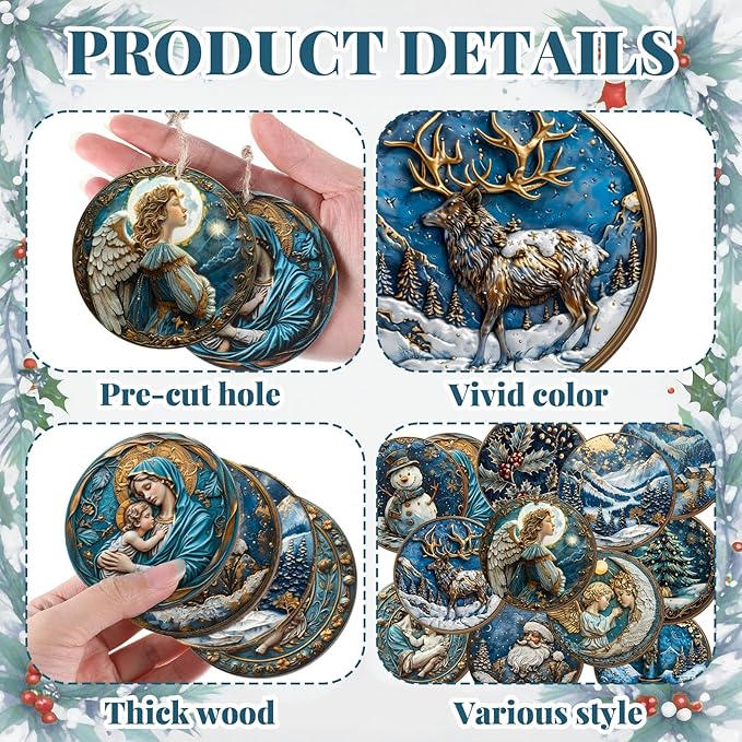 Suzile 36 Pcs Christmas Wooden Ornaments Navy Blue Christmas Tree Decoration Retro Round Nativity Scene Snowman Ornaments Vintage Xmas Hanging Decoration for Farmhouse Home Wreaths Winter Party
