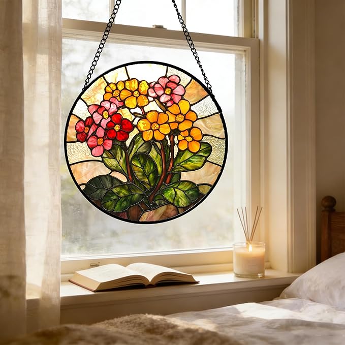 Stained Glass Window Hanging, Yellow Red Flowers Sun Catcher for Window Door Home Decor Green Plant Suncatcher Christmas Mother's Day Birthday Gifts for Women Men Mom and Nana 9.8 in