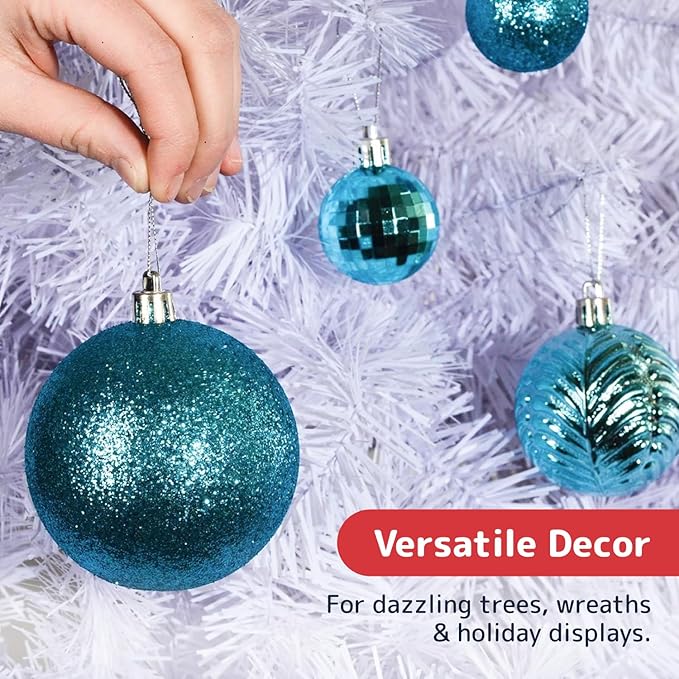 Prextex 36 Piece Christmas Ornaments Set - Acid Blue Christmas Tree Decorations - Shatterproof Ball Ornaments in Small, Medium, and Large Sizes - Durable Holiday Decor for Indoor and Outdoor Use