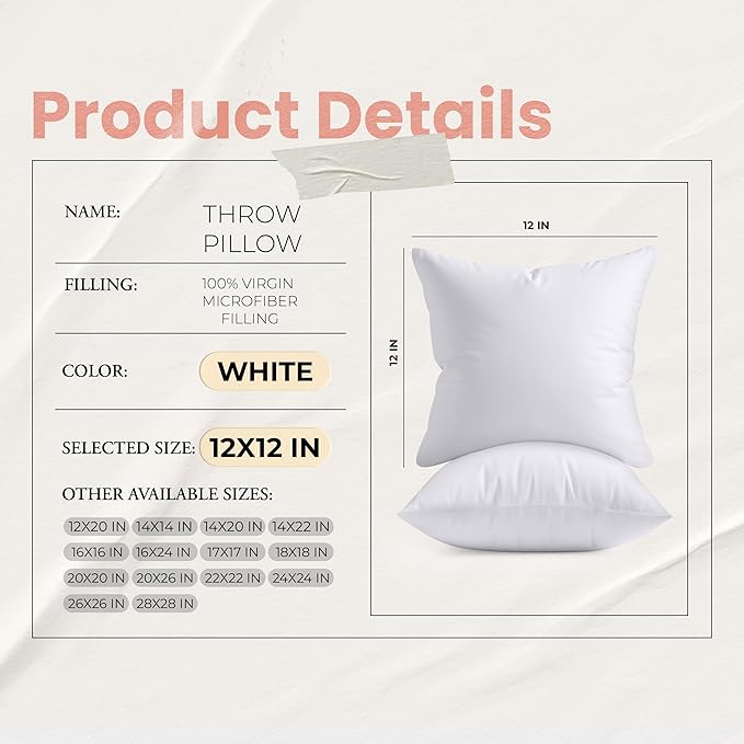 Utopia Bedding 12x12 Pillow Inserts, Set of 2, White – Indoor Decorative Throw Pillows for Bed, Sofa & Couch – Soft, Supportive & Fluffy Cushion Inserts