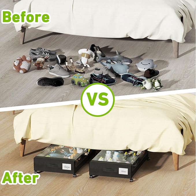 Under Bed Storage with Wheels, XXL 60L Under the Bed Storage Bins, Underbed Storage Containers with Lids & Label, Rolling Metal Drawer for Shoes, Clothes, Books, Toys (2-Pack Black)