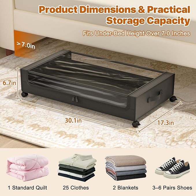 Under Bed Storage with Wheels,Under Bed Storage Containers with Clear Lids, Under-Bed Organizers for Clothes, Shoes – Durable Storage Bins with Smooth Rolling Wheels (Black, 4 Pack)
