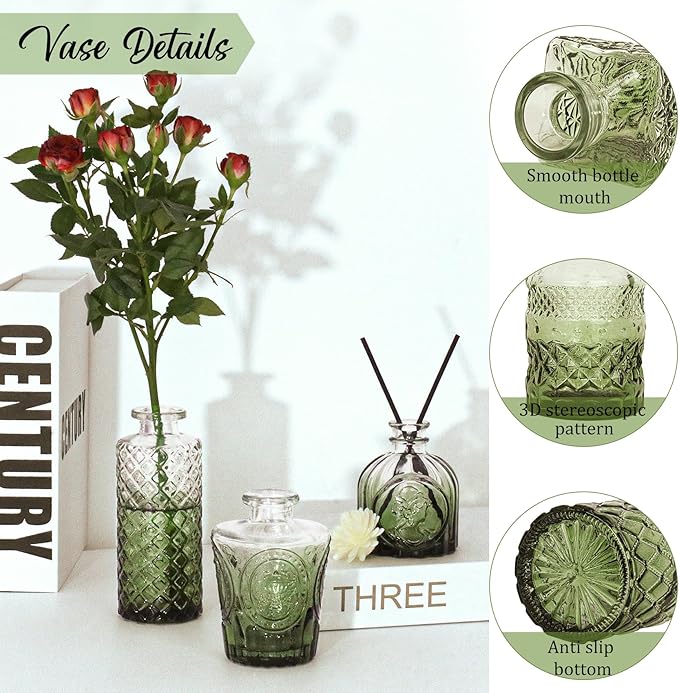36Pcs Bud Vases Set Small Vintage Glass Bottles Bud Vases in Bulk Multiple Shape Cute Glass Vases for Rustic Wedding Centerpieces Table Decorations and Home Decor(Green)