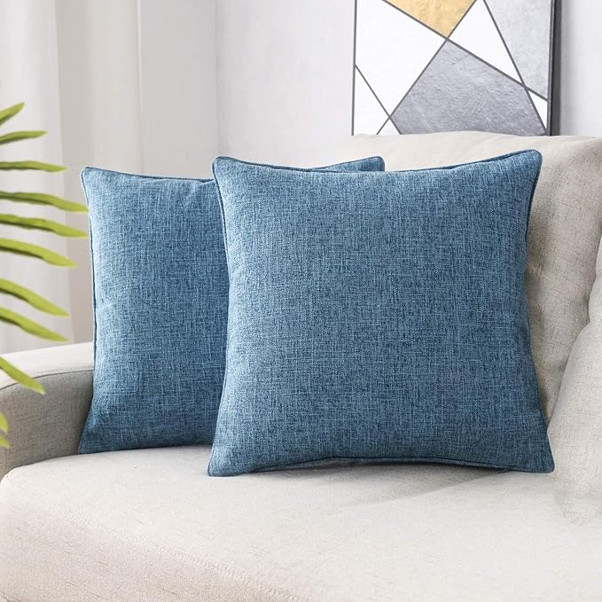 HPUK Linen Throw Pillow Covers Pack of 2, 16x16 Inch Accent Cushion Covers for Living Room, Bedroom, Decorative Solid Color Pillow Covers for Couch, Sofa, Chair, Aqua Blue