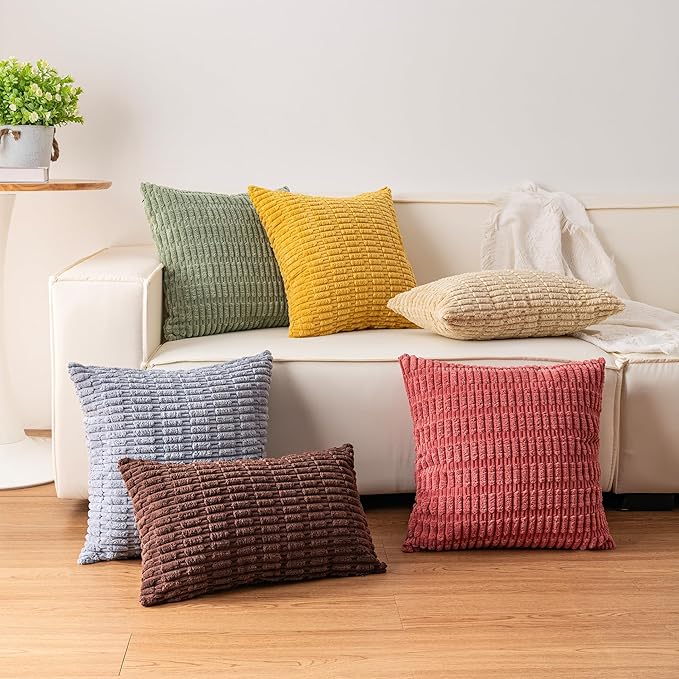 Aegero Pack of 2 Corduroy Decorative Throw Pillow Covers 24x24 InchSoft Striped Pillow Covers Modern Farmhouse Home Decor for Sofa Living Room Couch Bed（Coffee）