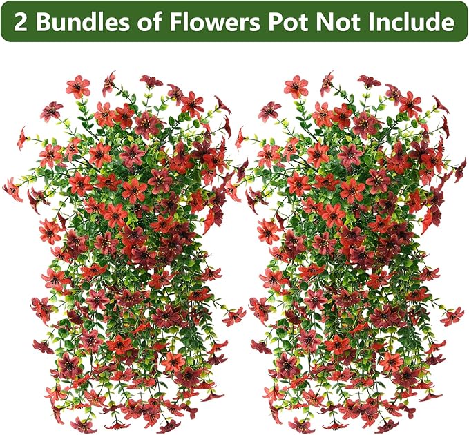 Artificial Hanging Flowers Plants for Outdoor Fall Decoration, 2 PCS Fake Silk Daisy Planter UV Resistant Look Real for Outside Patio Porch Home Autumn Decor (Red Brown)