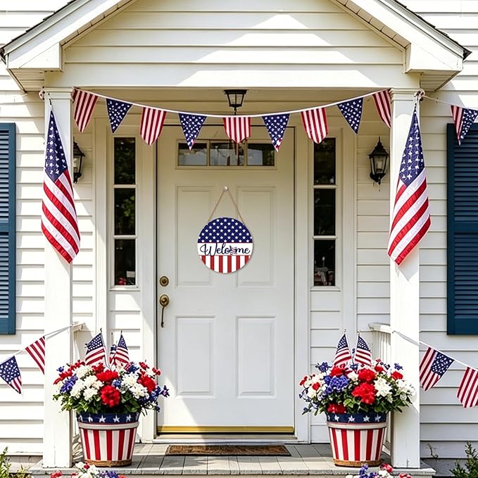 Harooni 4th of July Welcome Sign Memorial Day Door Hanger 12x12 Inch American Flag Star Wreaths for Front Door Decor American Patriotic Independence Day Hanging Sign for Home Wall Window Porch Outdoor