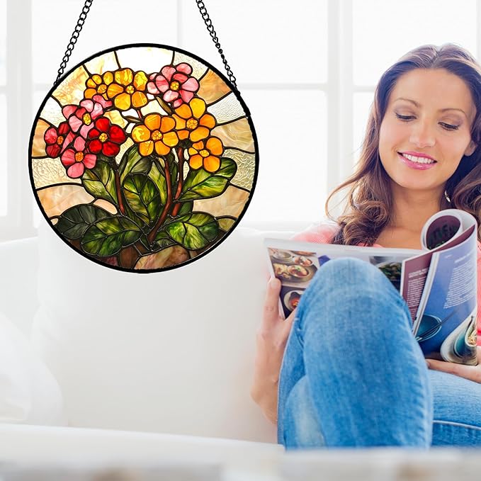 Stained Glass Window Hanging, Yellow Red Flowers Sun Catcher for Window Door Home Decor Green Plant Suncatcher Christmas Mother's Day Birthday Gifts for Women Men Mom and Nana 15 in