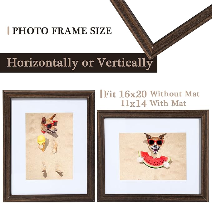 16x20 Picture Frame, 16 x 20 Walnut Woodgrain Frame Matted to 11x14, 16"x20" Poster Frame for Wall, 20x16 Natural Wooden Frames for Poster & Art, Puzzle Frame for Home Decor and Gifts