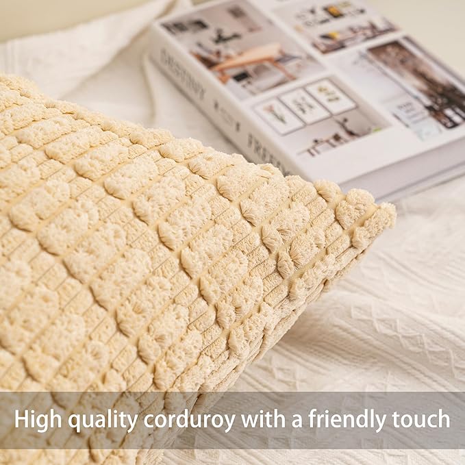 Aegero Pack of 2 Corduroy Decorative Throw Pillow Covers 20x20 InchSoft Boho Striped Pillow Covers Modern Farmhouse Home Decor for Sofa Living Room Couch Bed（Beige）