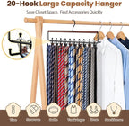 2PCS Tie Rack Hanger for Closet Upgraded 2-in-1 Tie and Belt Hanger Non Slip Tie Rack with 20 Hooks Tie Hanger Space Saving Wooden Belt Tie Organizer for Tank Tops Bras Cami Scarves, Walnut Color