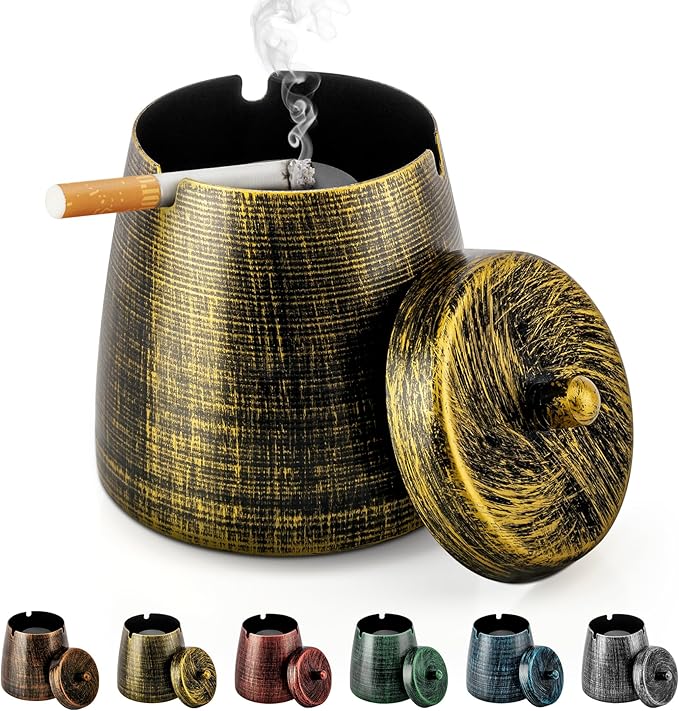 Ashtray for Cigarettes Outdoor, Outdoor Ashtray with Lid for Cigarette, Metal Odorless Windproof Smokeless AshTray for Patio Home Office Tabletop Balcony