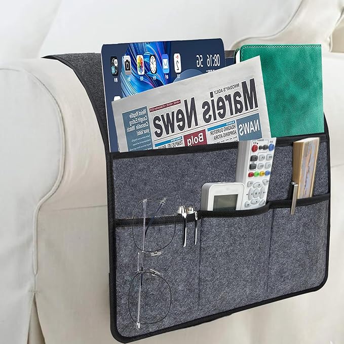 Sofa Armrest Caddy, Armchair Caddy for Recliner, Couch Organizer, Bedside Organizer, Remote Holder with Silicone Non-slip Design,4 Pockets for Magazine, Notepad,Phone, Ipad, Glasses (Black)
