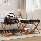 Pack of 2 Fully Assembled Bamboo Luggage Racks with Shoe Shelf, 5 Heavy-Duty Straps Folding Suitcase Stand, Luggage Holders for Guest Room Must Haves, Ideal for Bedroom, Hotel, Honey Oak
