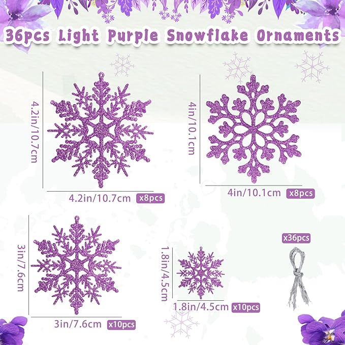 36pcs Christmas Light Purple Snowflake Ornaments，Plastic Light Purple Snow Flakes Hanging Ornaments for Christmas Tree Decor Winter Wonderland Frozen Birthday Party Holiday Home Decor Craft Snowflake