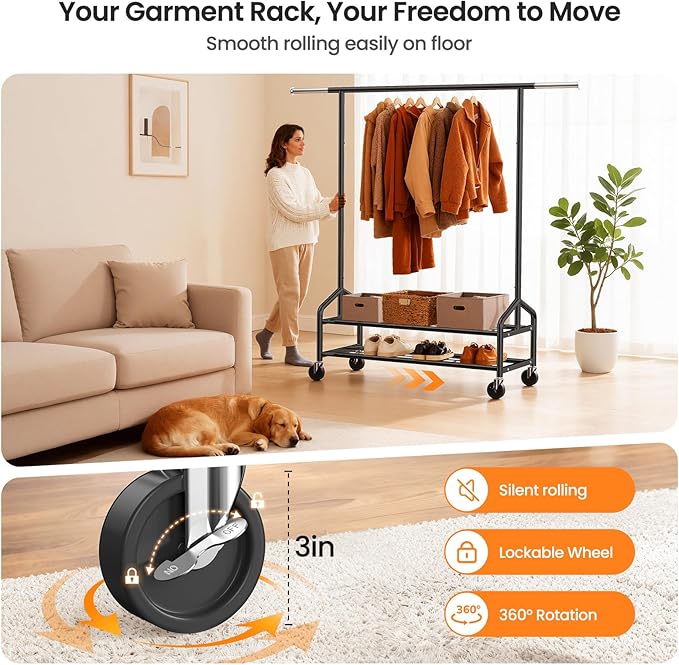 Heavy Duty Clothes Rack, Rolling Clothing Rack for Hanging Clothes with 2 Sturdy Shelves Load 650 LBS, Metal Garment Rack with Wheels for Bedroom, Laundry Room, Retail Store, Black