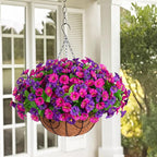 Artificial Fake Hanging Flowers with Basket, Faux Silk Morning Glory Flower Arrangement for Spring Summer Decor, Hanging Plant for Patio Garden Porch Outdoor Decor