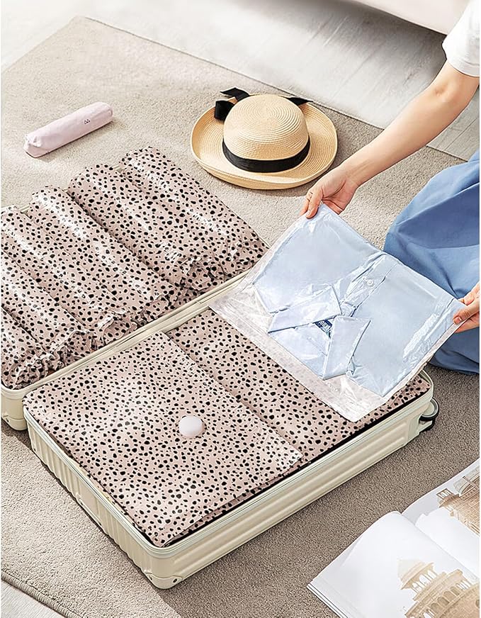 10 Pack Travel Vacuum Storage Bags with Electric Pump, 2 Large + 4 Medium + 4 Small Vacuum Sealer Bags, 80% Space Saver Bags for Luggage, Comforters and Blankets, Travel Essentials(Beige Leopard)