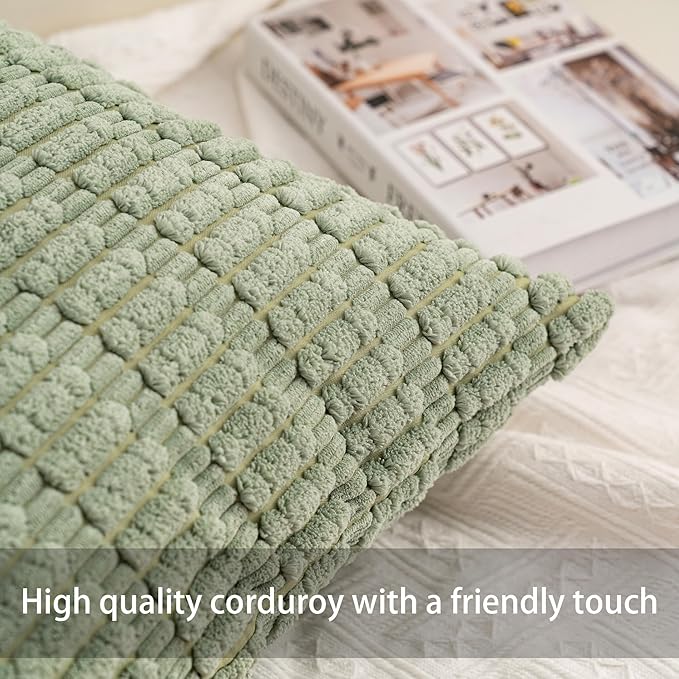 Aegero Pack of 2 Corduroy Decorative Throw Pillow Covers 26x26 InchSoft Striped Pillow Covers Modern Farmhouse Home Decor for Sofa Living Room Couch Bed（Sage Green）