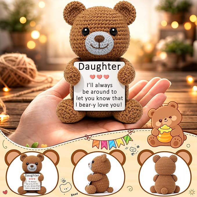 WELLBANEE Daughter Gifts from Mom Dad, Positive Crochet Bear Gift for Daughter, Birthday Graduation Gifts for Daughters, Handmade Comfort Gift for Teen Girls Women