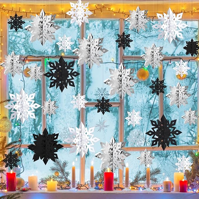 OuMuaMua Christmas Snowflake Decorations Indoor, 24PCS 3D Paper Snowflakes Hanging Ornaments Snowflake Garlands for Xmas Christmas Tree Winter Wonderland New Year Party Home Decorations