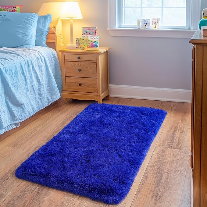 Small Rugs for Bedroom, Fluffy 2x3 Rug Throw Non Slip for Bedside Dorm Kids Room, Plush Comfy Shag Carpet for Home Decor Aesthetic, Royal Blue