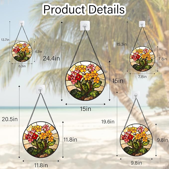 Stained Glass Window Hanging, Yellow Red Flowers Sun Catcher for Window Door Home Decor Green Plant Suncatcher Christmas Mother's Day Birthday Gifts for Women Men Mom and Nana 9.8 in