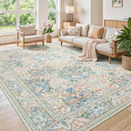 Lessymo Floral Washable Rugs 8x10, Faux Wool Soft Area Rugs for Living Room Bedroom, Boho Non-Slip Forest Stain Resistance Large Carpet for Dining Room Home Office, Beige Brown
