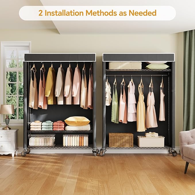 H4 Plus Rolling Garment Rack with Cover, Heavy Duty Clothes Rack with Wheels, Portable Closet for Hanging Clothes, Wardrobe Closets Organizer Storage, Black Closet Rack with Black Fabric Cover
