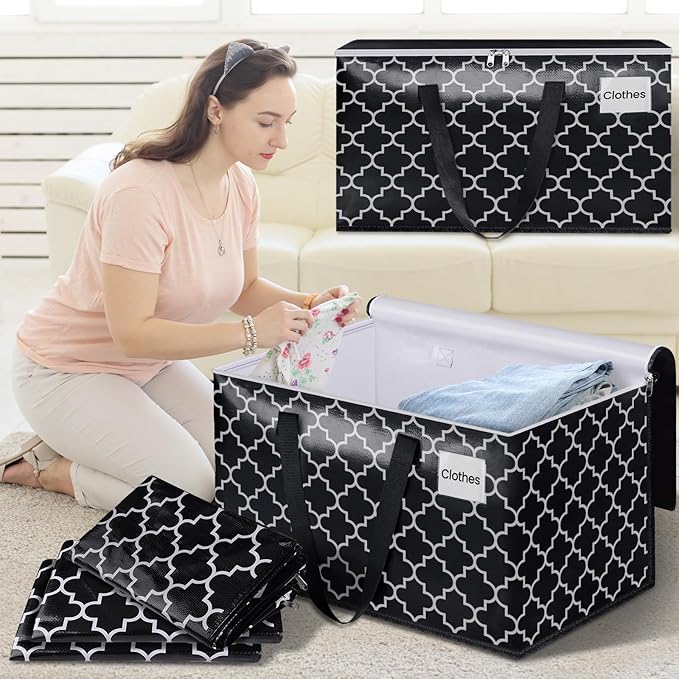 HomeHacks Heavy Duty Moving Bags with Tag Pockets, Collapsible Storage Totes for Moving, Camping & Travel -Foldable Packing Boxes, Zipper Handles, Black（8 Packs, 125L）