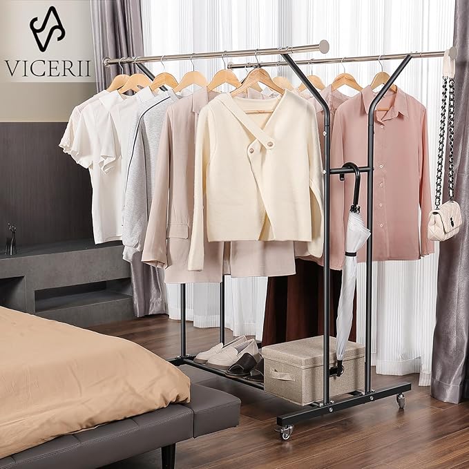 Clothing Rack, Heavy Duty Clothes Racks with Wheels and Bottom Shelf, 52.36’’ Metal Double Clothing Racks with Wheels, Wardrobe Rack for Hanging Clothes, Coats, Shirts, Skirts, Dresses, Black