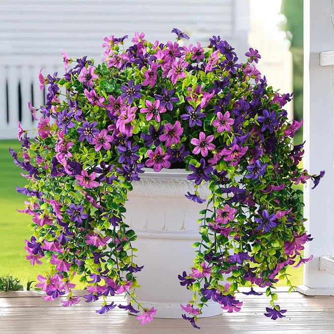 Artificial Hanging Flowers Plants for Outdoor Spring Decoration, 2 PCS Fake Silk Daisy Flower Planter UV Resistant Look Real for Outside Patio Porch Home Summer Decor (Double Purple)