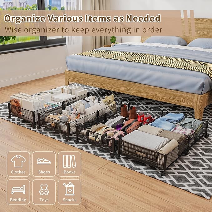 Under Bed Storage with Wheels, 31.5in / 35L Large Rolling Underbed Storage, Underbed Drawer on Wheels, Tool-free Assembly Metal Under Bed Drawers Organizer Container for Bedroom Shoes Clothes Toys