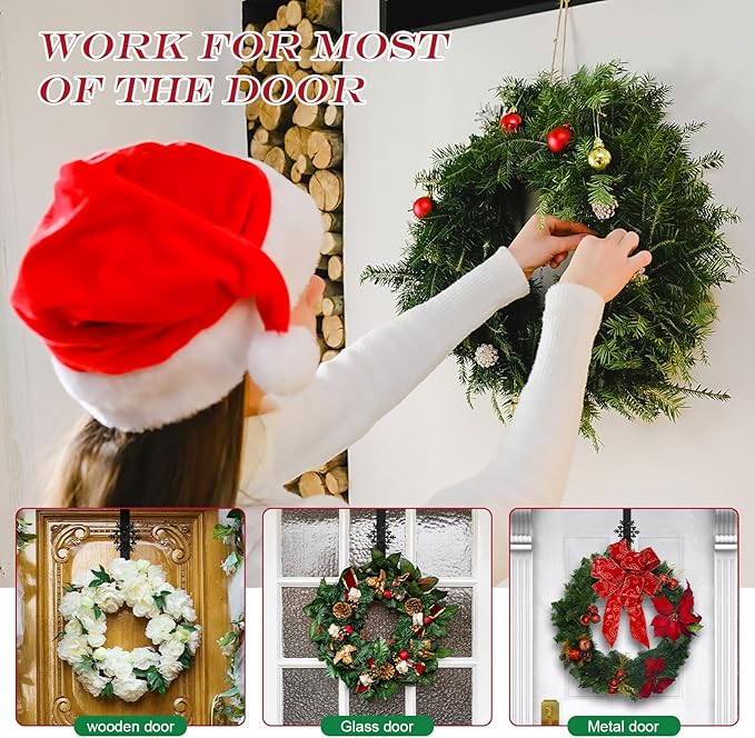 Wreath Hangers for Front Door,15" Sturdy Metal Wreath Doors Hangers,Over The Door Hooks for Front Porch Decor,Garland Hooks Holders for Halloween Christmas Decorations (Black Snowflakes, 2 Pack)