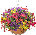 Artificial Hanging Flowers Basket with Colorful Silk Daisies & Eucalyptus - UV/Sun-Resistant Plant for Outdoor Porch, Patio, Balcony - Indoor/Outdoor Home Decor