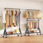 Double Rods Clothing Rack, Heavy Duty Clothes Rack for Hanging Clothes Load 560LBS, Metal Rolling Garment Racks with Wheels, Freestanding Clothes Hanging Racks, Black