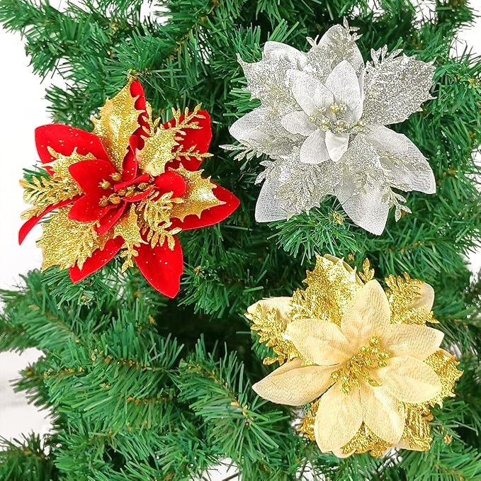 Gardeningwill Pack of 12 Red 5 Inch Glitter Flower Shape Christmas Hanging Ornaments Party Decorating Supplies