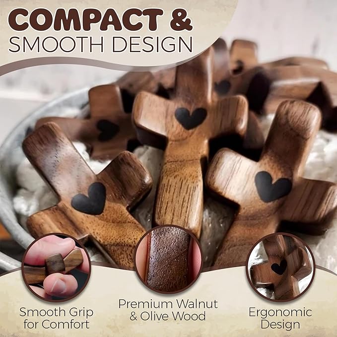 Cross My Heart,Wooden Cross,Encouragement Gift Stress Relief Cross,Prayer Cross for Hand,Pocket Cross Christian Gifts for Women and Fidget Toys for Children and Adults(Black 7Pcs