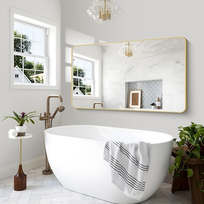 BONEWEI Gold Bathroom Mirror,60x36 inch Wall Mirror for Bathroom Wall Mounted,Round Rectangle Mirror for Bathroom Over Sink,Modern Frame for Home Decor Living Room,Bedroom Entryway,Horizontal/Vertical