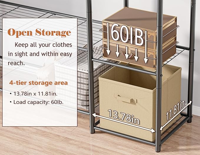 Wardrobe Closet,Portable Clothes Rack with 4 Tiers Shelves,Freestanding Closet Organizers and Storage System with Hanging Rods,Steel Clothing Rack Suitable for Cloakrooms,Bedrooms,Entrances,etc.Black
