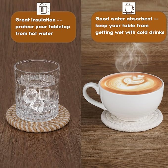 8 Pcs Drink Coasters with Holder, Boho Minimalist Cotton Woven Coasters Set for Drinks Absorbent Coffee Table Home Decor Bar Tabletop Protection, Suitable for Kinds of Cups 4.3 Inch