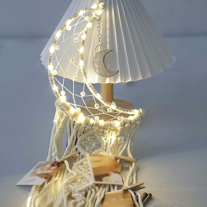 Dream Catcher with LED String Lights Handmade Boho Macrame Wall Hanging Photo Display Woven Decoration Ornament with Photo Clips for Room Wedding Home Decor (Moon)