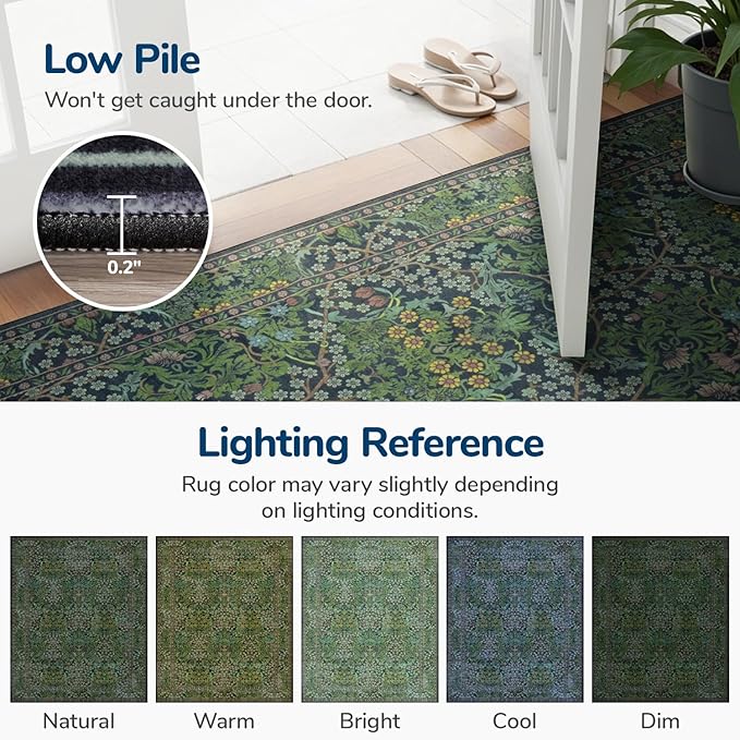 Lessymo Washable Entryway Rug 2x3, Front Door Mat Indoor Non-Slip Bathroom Small Area Rugs for Kitchen Bedroom Entry, Vintage Forest Floral Design, Forest Green