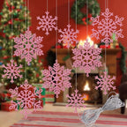 Whaline 40Pcs Pink Glitter Snowflake Winter Snowflake Ornaments Christmas Hanging Decorations with 197 Inches Silver Rope for Wedding Birthday Home Xmas Tree Window Door Accessories